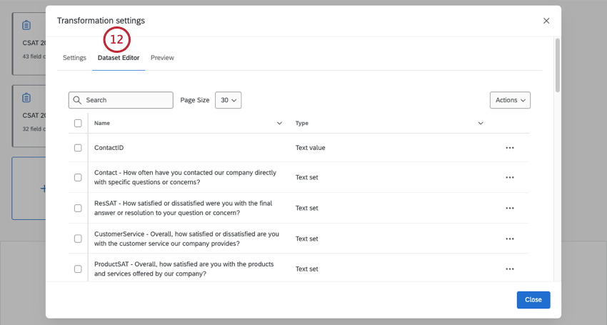 transformation window opened with dataset editor tab opened