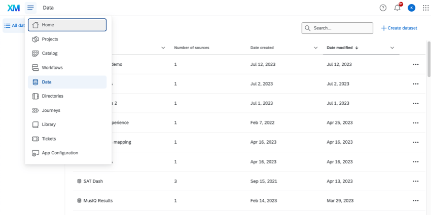 Data page open with global navigation menu also opened to show how to navigate there