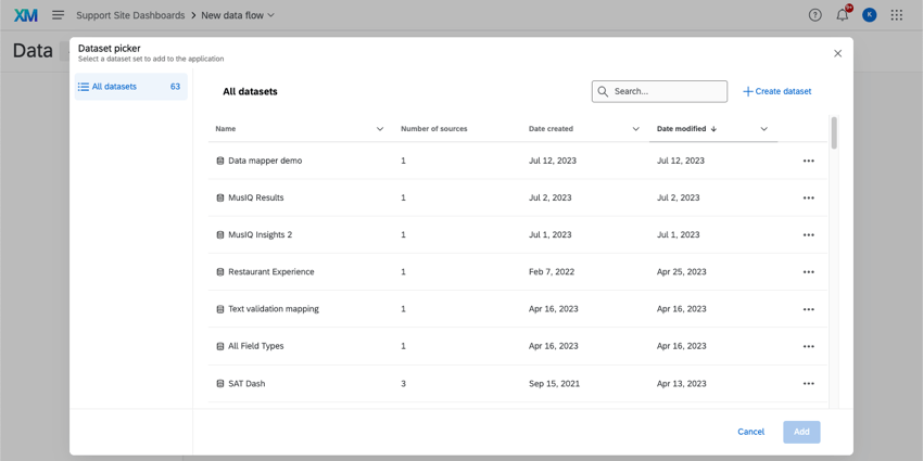 Finestra di selezione del dataset aperta nella pagina dati di una dashboard