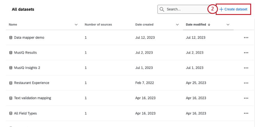 Create dataset button