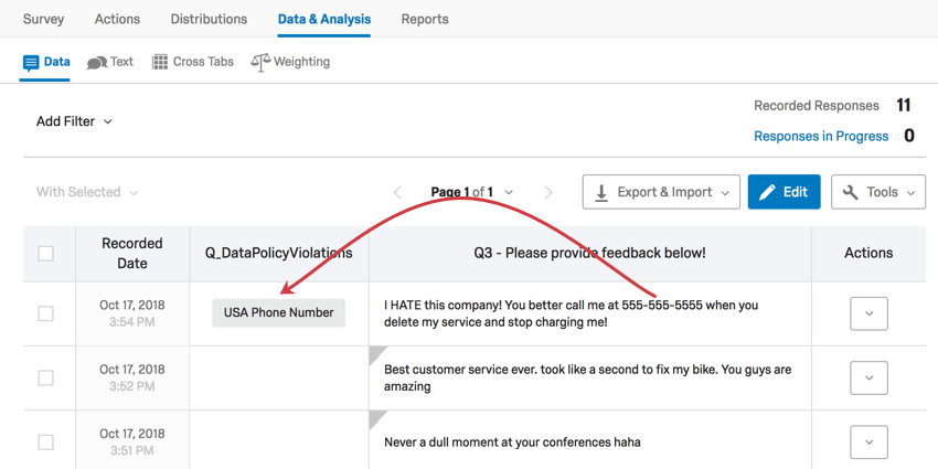 Telefonnummer in der Antwort bewirkt, dass eine Markierung gesetzt wird