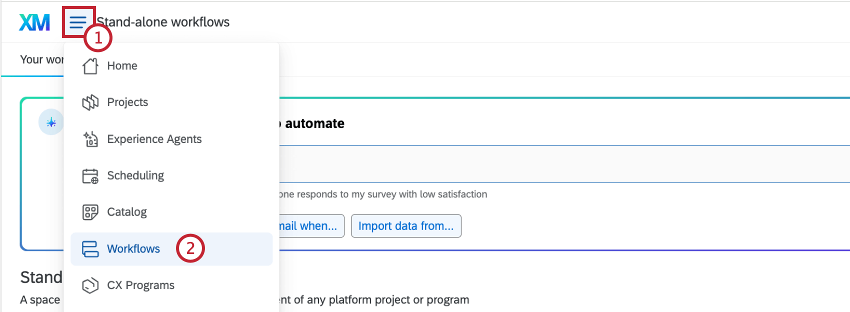 la sélection des flux de travail dans le menu de navigation global