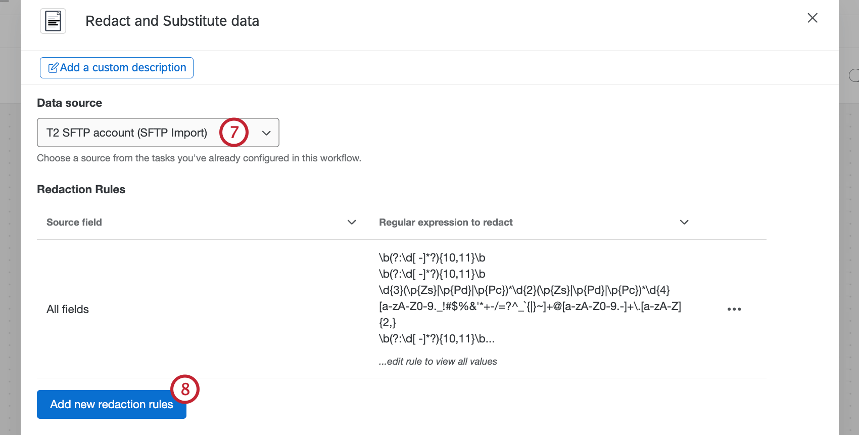 dropdown-Liste zur Auswahl einer Datenquelle und Schaltfläche zum Hinzufügen einer Redigierregel