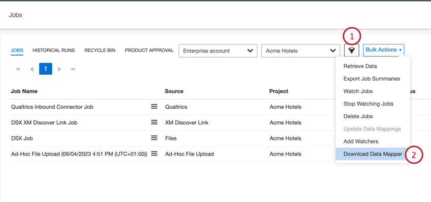 filtering for projects and then choosing the data mapper report from the bulk actions menu