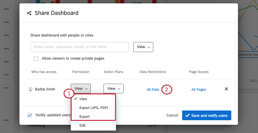 o dashboard foi compartilhado com um usuário com acesso de visualização e estamos adicionando restrições de dados clicando em Todos os dados