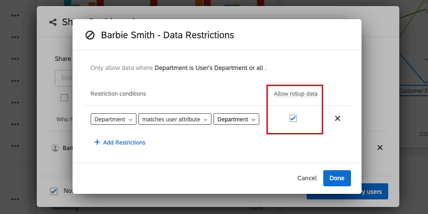 the allow rollup data option in the data restrictions screen