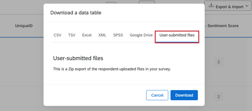 Export User Submitted Files エクスポート・オプションが選択されている。