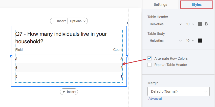 Styles tab. Arrow shows what the alternating row permission affects on the table