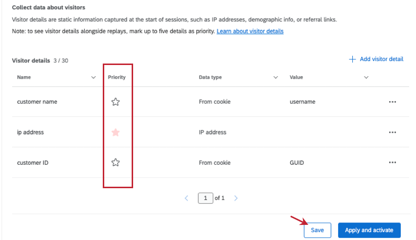 priority column next to each visitor detail has a star you can click