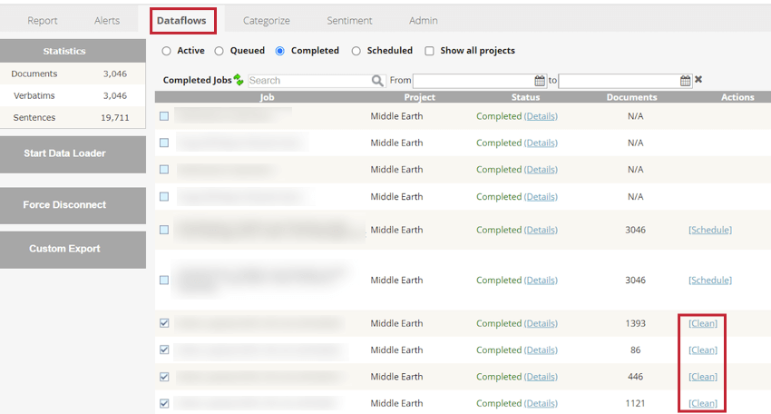 Clean data, together with structured attributes, which has been uploaded during a particular upload session in the Dataflows tab