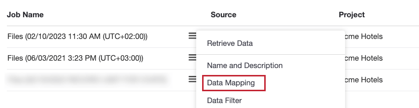 Pour les travaux existants : Vous pouvez accéder à la configuration du mappage des données en sélectionnant loption Mappage des données dans le menu des actions du travail.