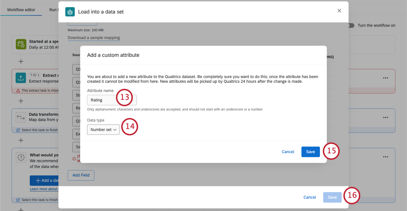 Agregar un atributo personalizado dentro de una tarea de carga en un conjunto de datos