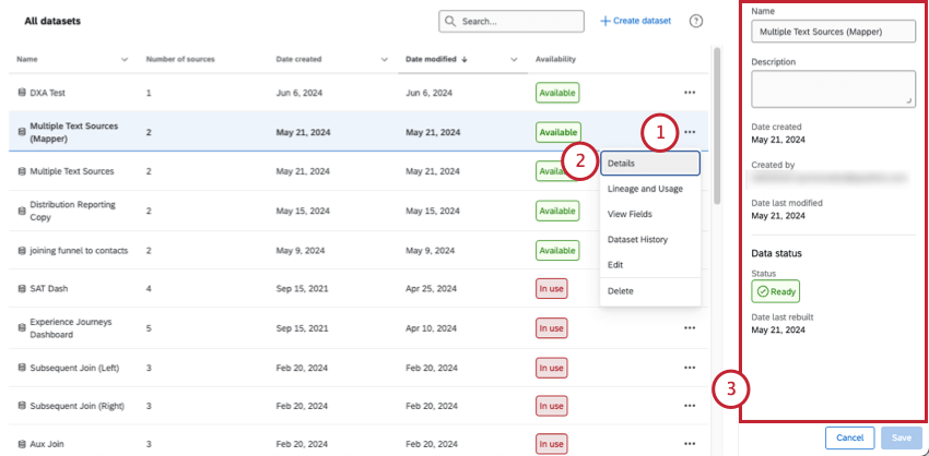 Apertura dei dettagli del set di dati