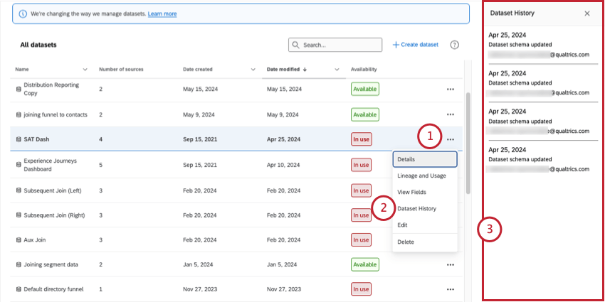 Página del conjunto de datos, se expande el menú de 3 puntos, se selecciona el historial del conjunto de datos, lo que expande un menú en el lado derecho de la pantalla