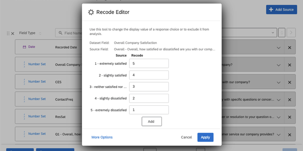 When recoding values, a new window opens. Each of the values is listed, with an open field next to it that allows you to edit values