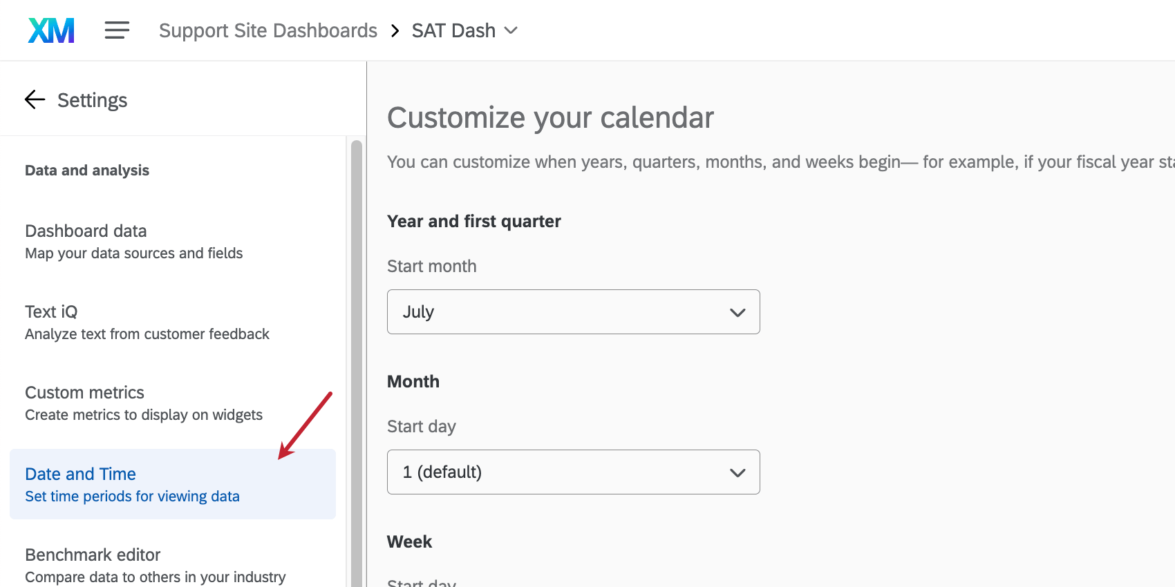 Allinterno delle impostazioni della dashboard, che mostra dove si trovano la data e lora nel menu di sinistra