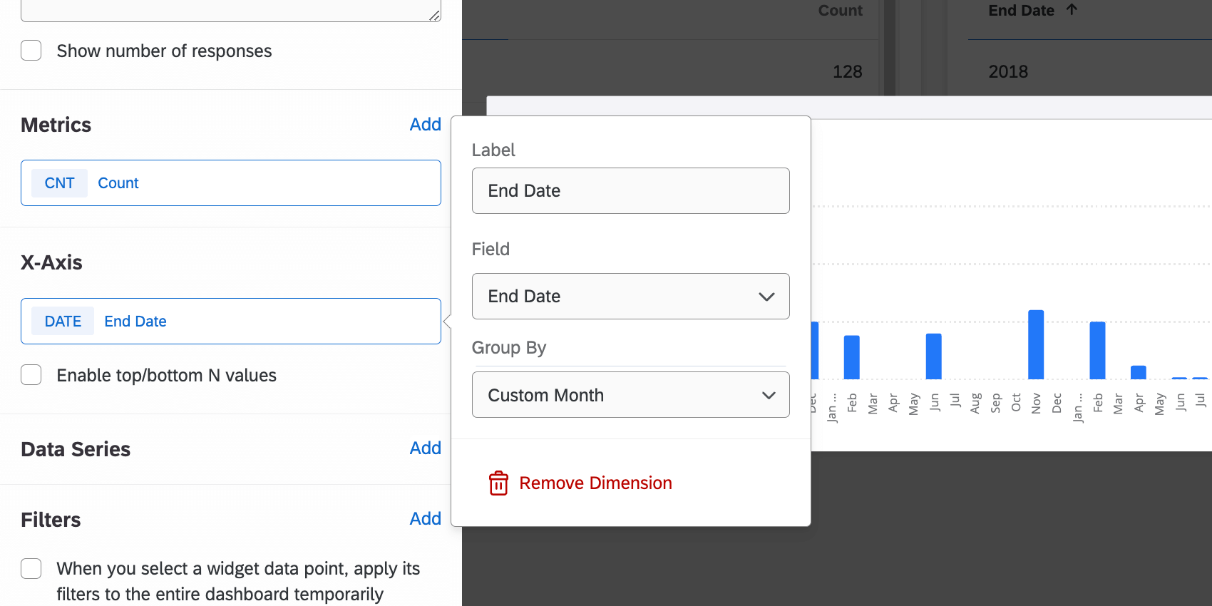 X-axis date field clicked in editing pane to show the group by option