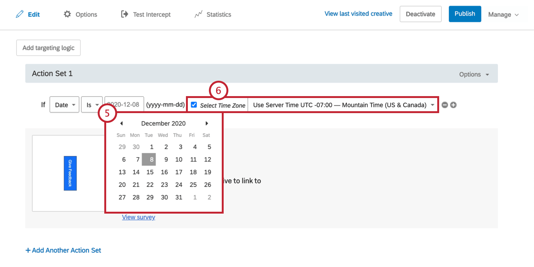 Clicar no terceiro campo de data abre um menu suspenso de calendário; configurações de fuso horário à direita