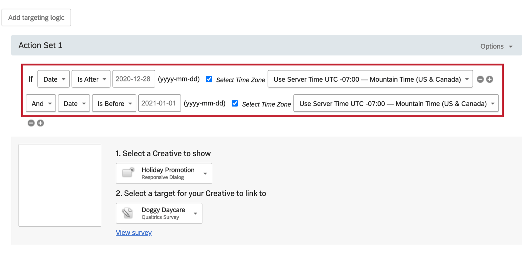 ホリデープロモーションが11月30日から1月1日の間のみ表示されるプロモーション例