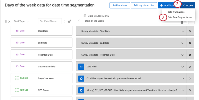 Dashboard data page of settings with dropdown expanded