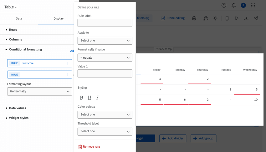 Configuración de formato condicional en un widget de tabla
