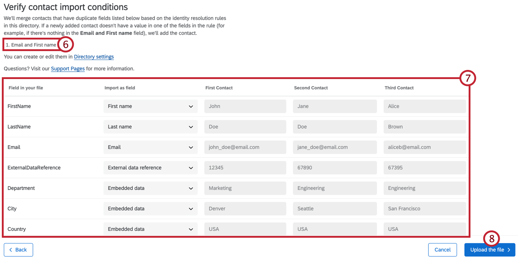 verifying import conditions and preview of fields in file