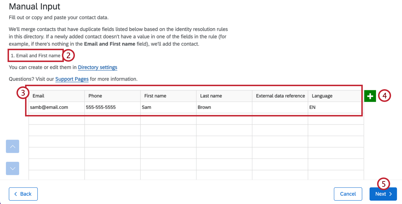 window to add contacts manually with import conditions visibile