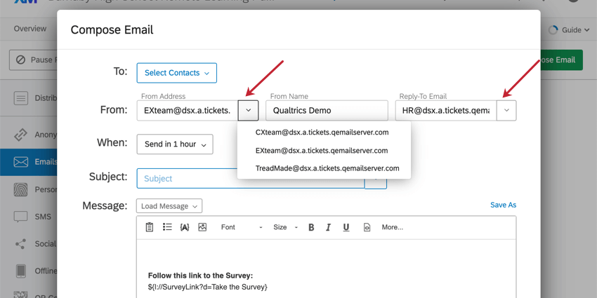 Email distribution window open. Dropdown arrow next to From address and Reply to address. We see a email address provided