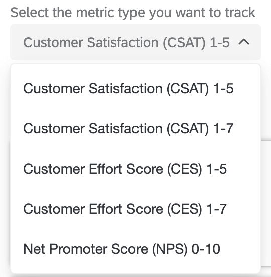 Selecting a metric type to track your journey; choices include Customer Satisfaction, Customer Effort Score, and Net Promoter Score