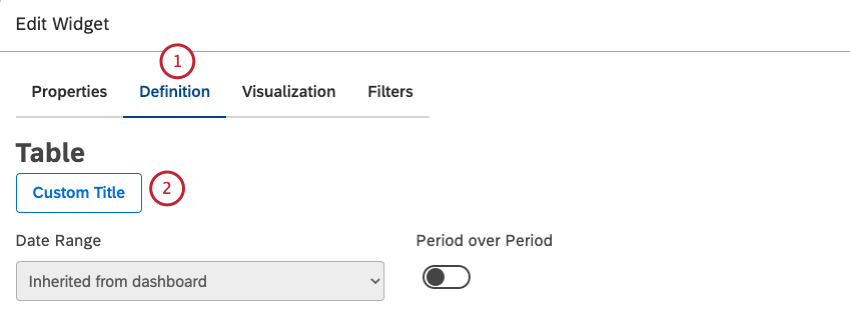 Sélectionnez longlet Définition. Pour saisir votre propre titre de widget, cliquez sur Titre personnalisé