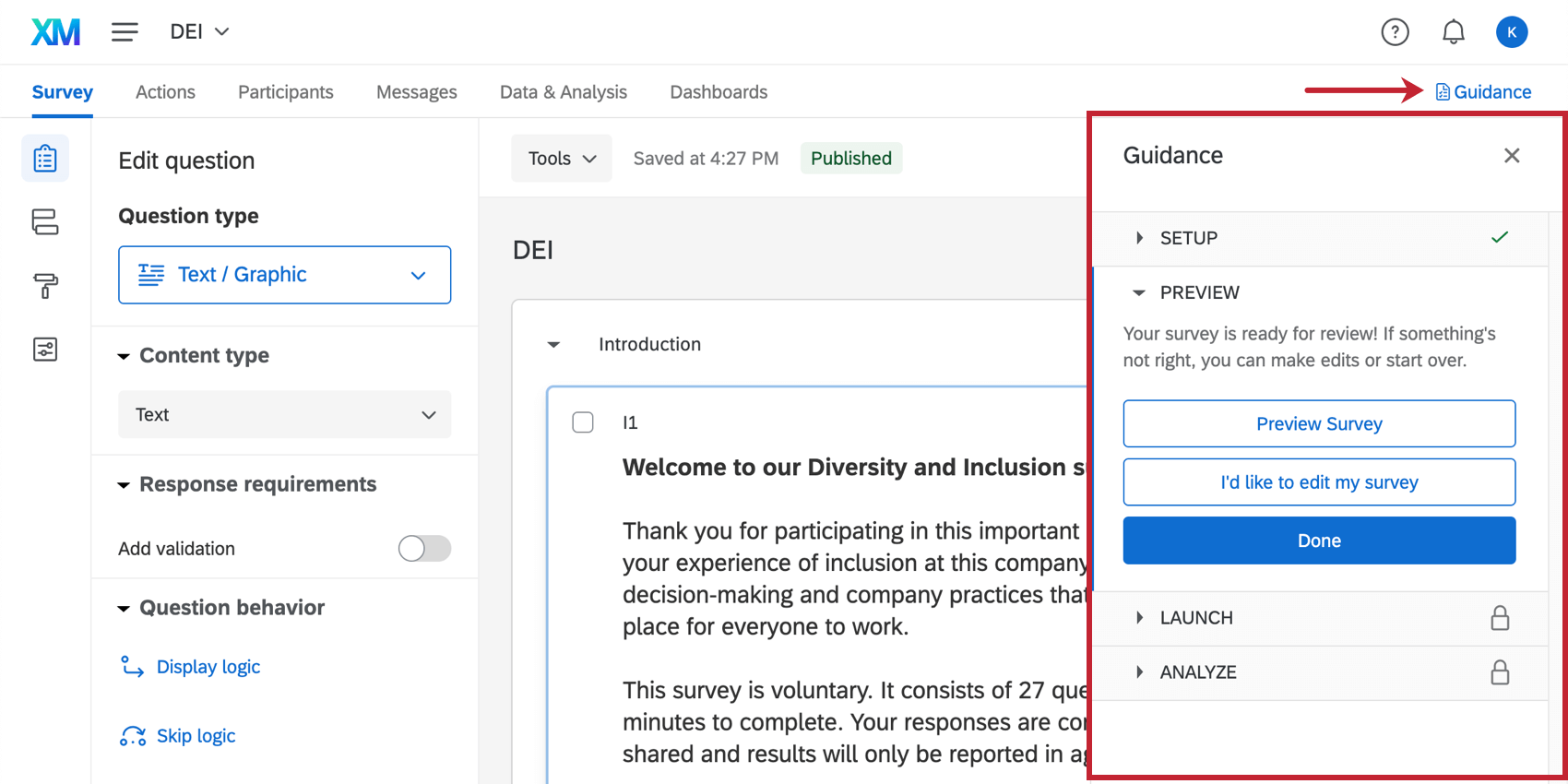Guidance panel that opens on the right side of every page of the DEI project