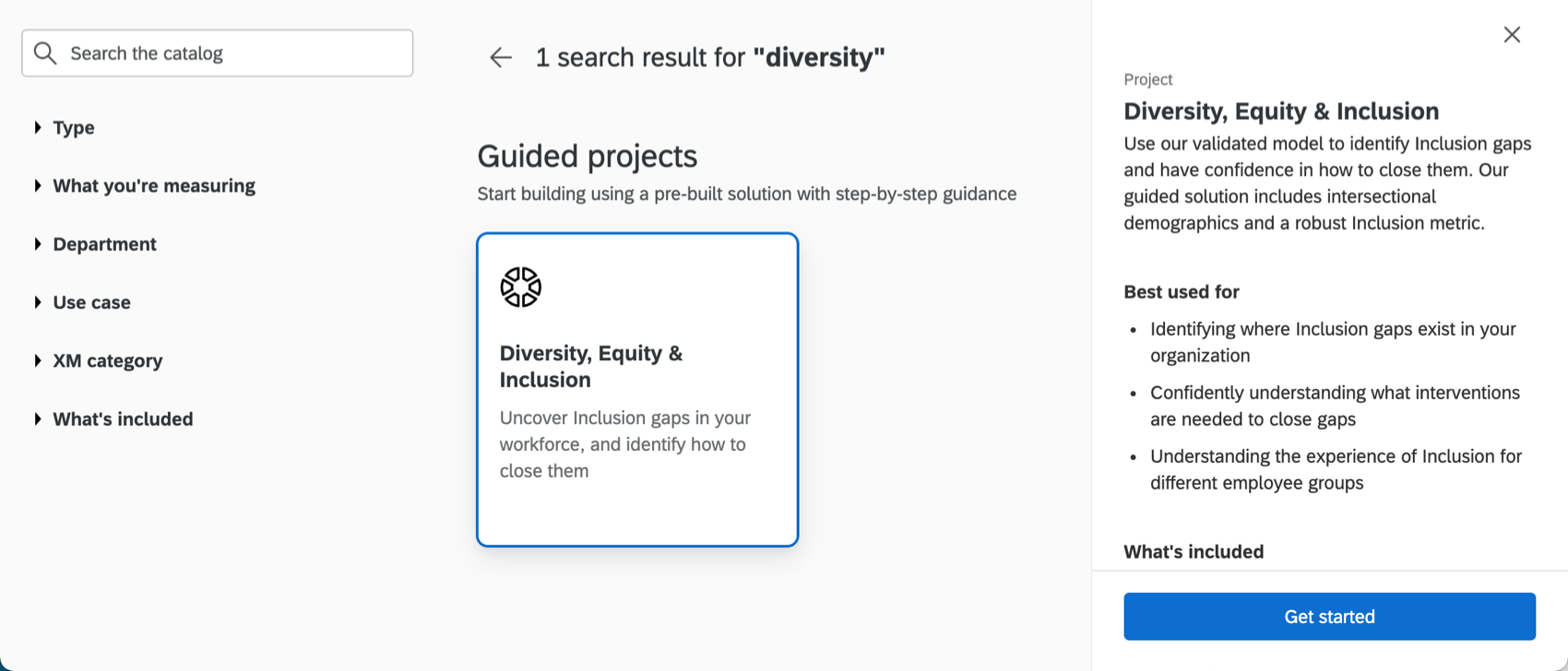 An image of the catalog; diversity, equity, and inclusion has been searched, so the DEI solution appears as a selectable tile