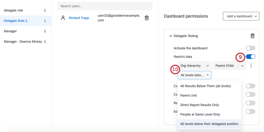 turning on the data restriction option and restricting data by delegated position