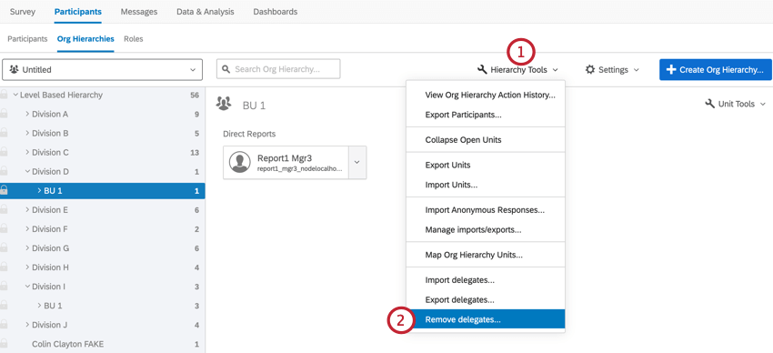 in the org hierarchies section, clicking hierarchy tools and then remove delegates