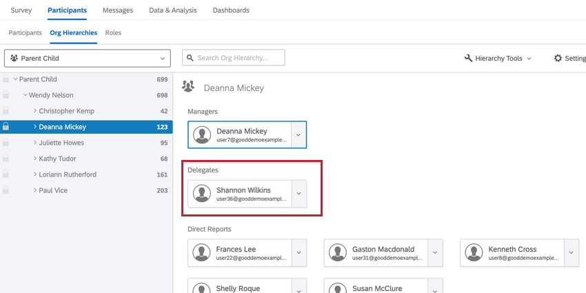 in the org hierarchy view, a delegate is visible