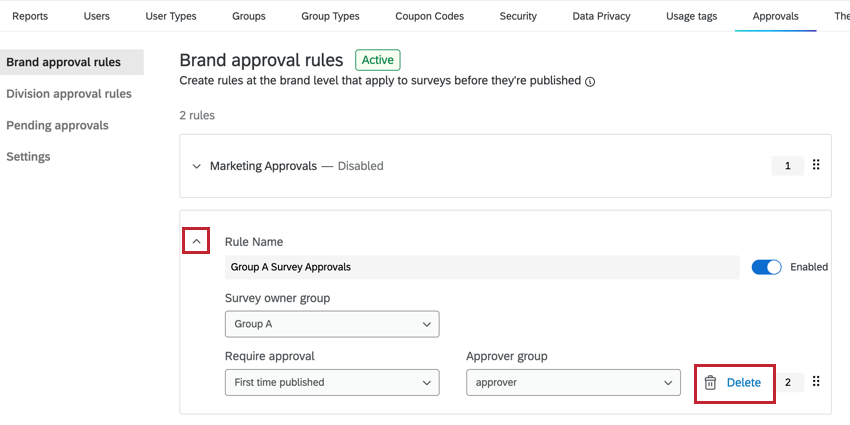 espandere una regola e fare clic su Elimina