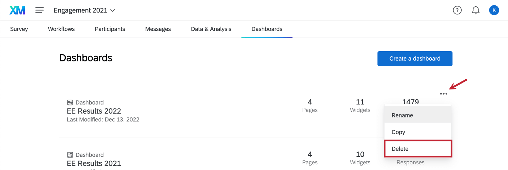 Azioni del dashboard a discesa Opzione di cancellazione