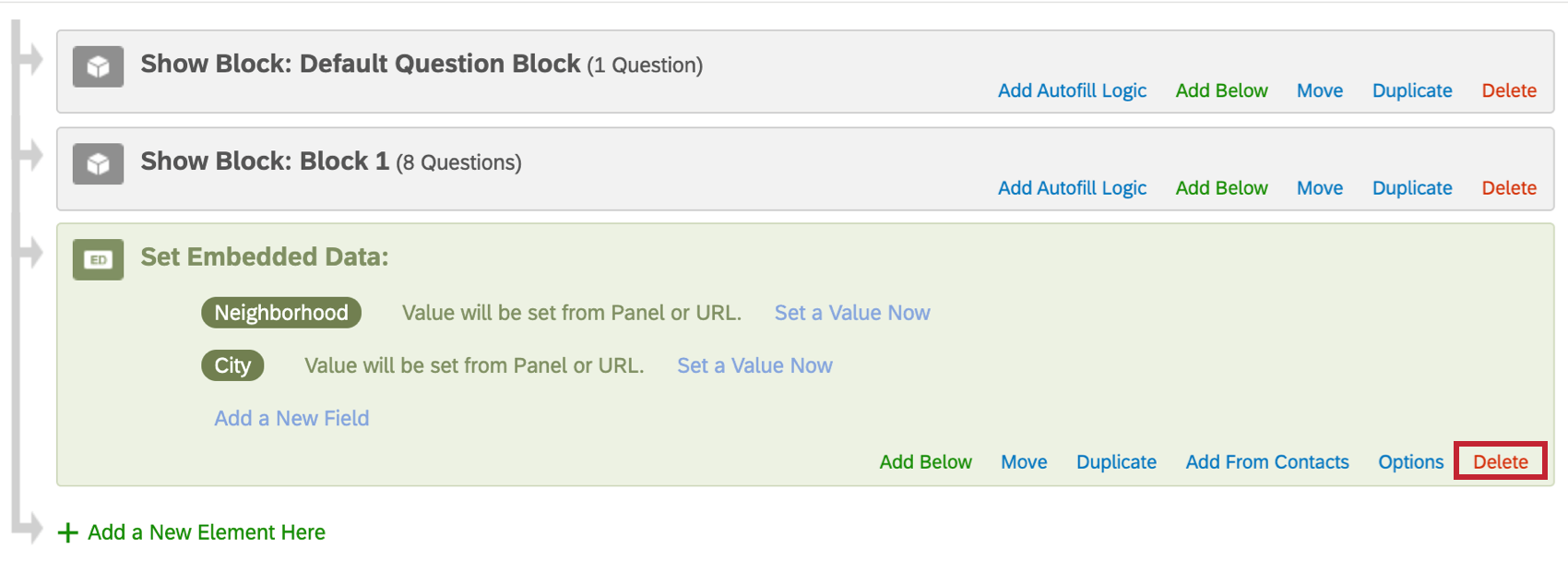 Supprimer en rouge, en bas à droite de l’élément vert de données intégrées