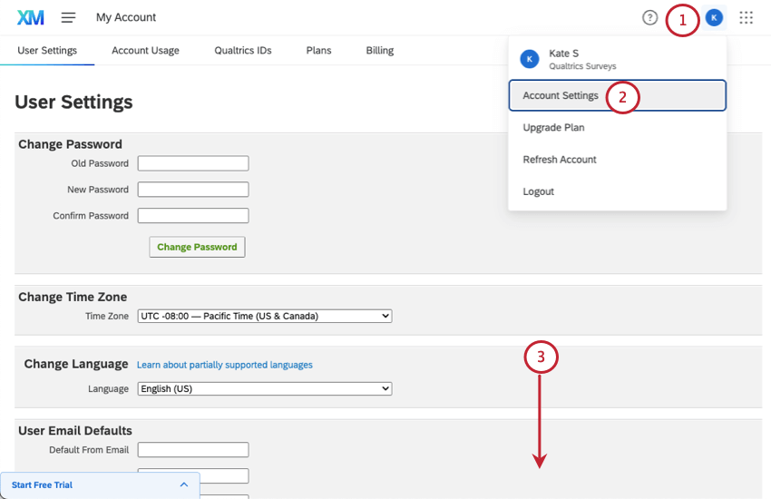 Página de configuración de cuenta abierta a la configuración del usuario