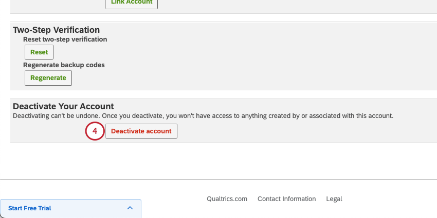 ページの一番下にある "deactivate your account"（アカウントの停止）というセクションに、大きな赤い "deactivate account"（アカウントの停止）ボタンがあります。