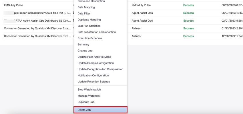 selecionando excluir trabalho no menu de opções de trabalho