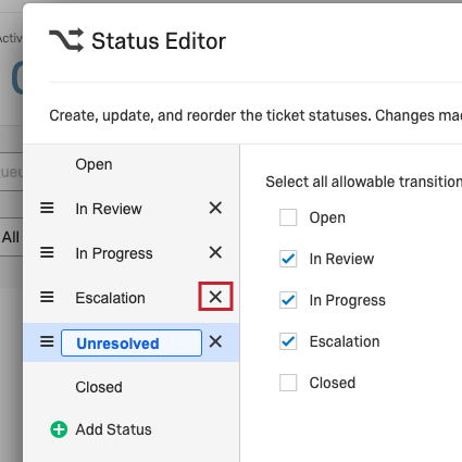 X icon next to status