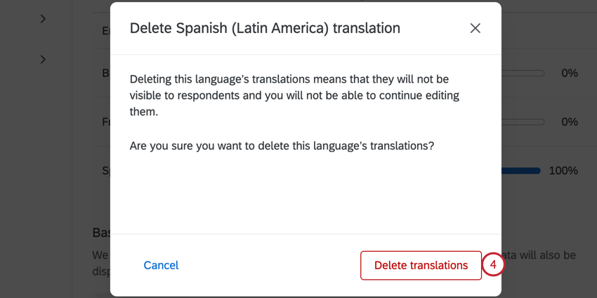 the confirmation window for deleting a translation