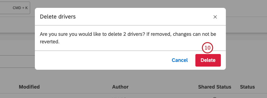 Click Delete to confirm that you wish to delete the driver or drivers