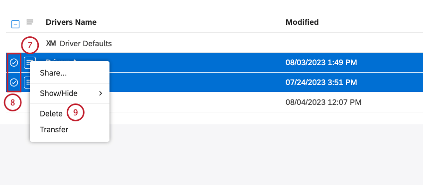 Click the actions menu next to the driver. Select the checkbox beside each of the drivers that you want to delete to delete more than one driver at once. Select Delete.