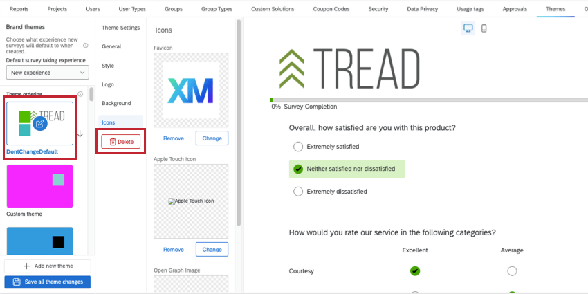 Il pulsante Elimina è lultimo nella lista delle opzioni del menu a destra della selezione del tema