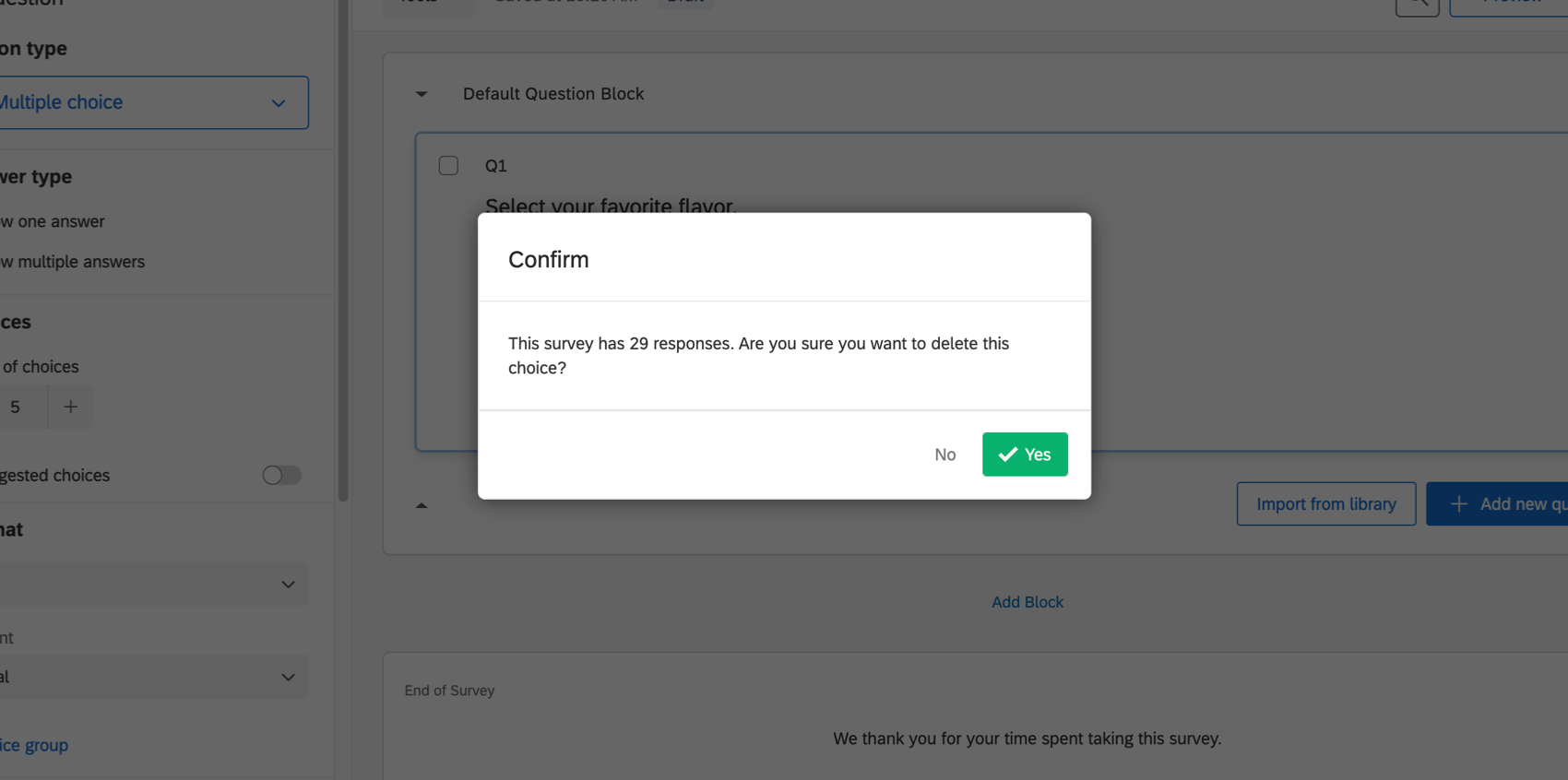 the confirmation window for deleting an answer choice after having collected data
