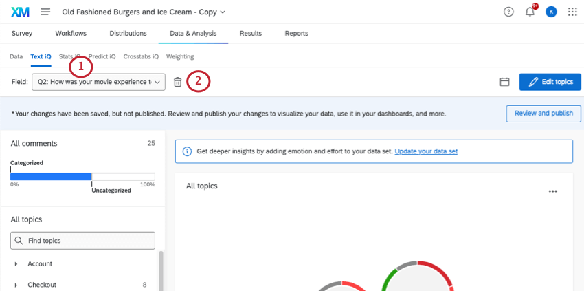 Text iQ is open. Field selector in upper-left. Trashcan icon next to it