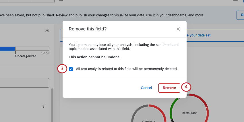 É aberta uma nova janela que avisa que você perderá permanentemente todas as suas análises, inclusive os modelos de sentimento e tópico associados a esse campo. Esta ação não poderá ser desfeita. Todas as análise de texto relacionadas a esse campo serão excluídas permanentemente