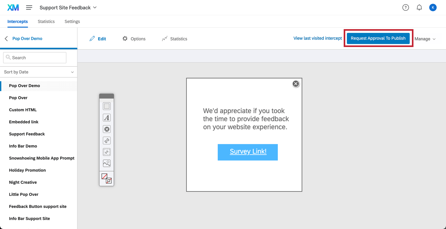 Request Approval to Publish button at the top right corner of a creative